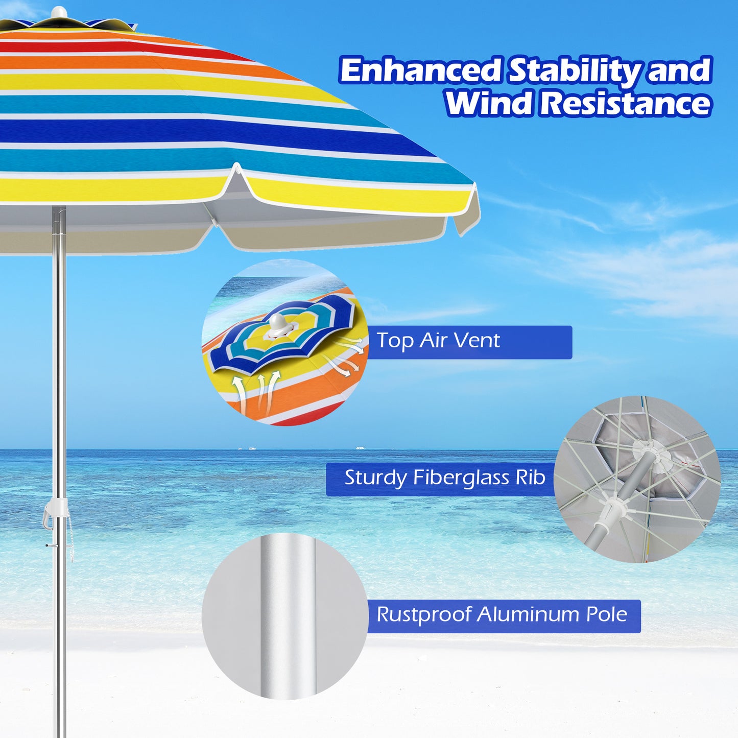 198cm Beach Umbrella with Sand Anchor UPF50+ and Carry Bag-Multicolour