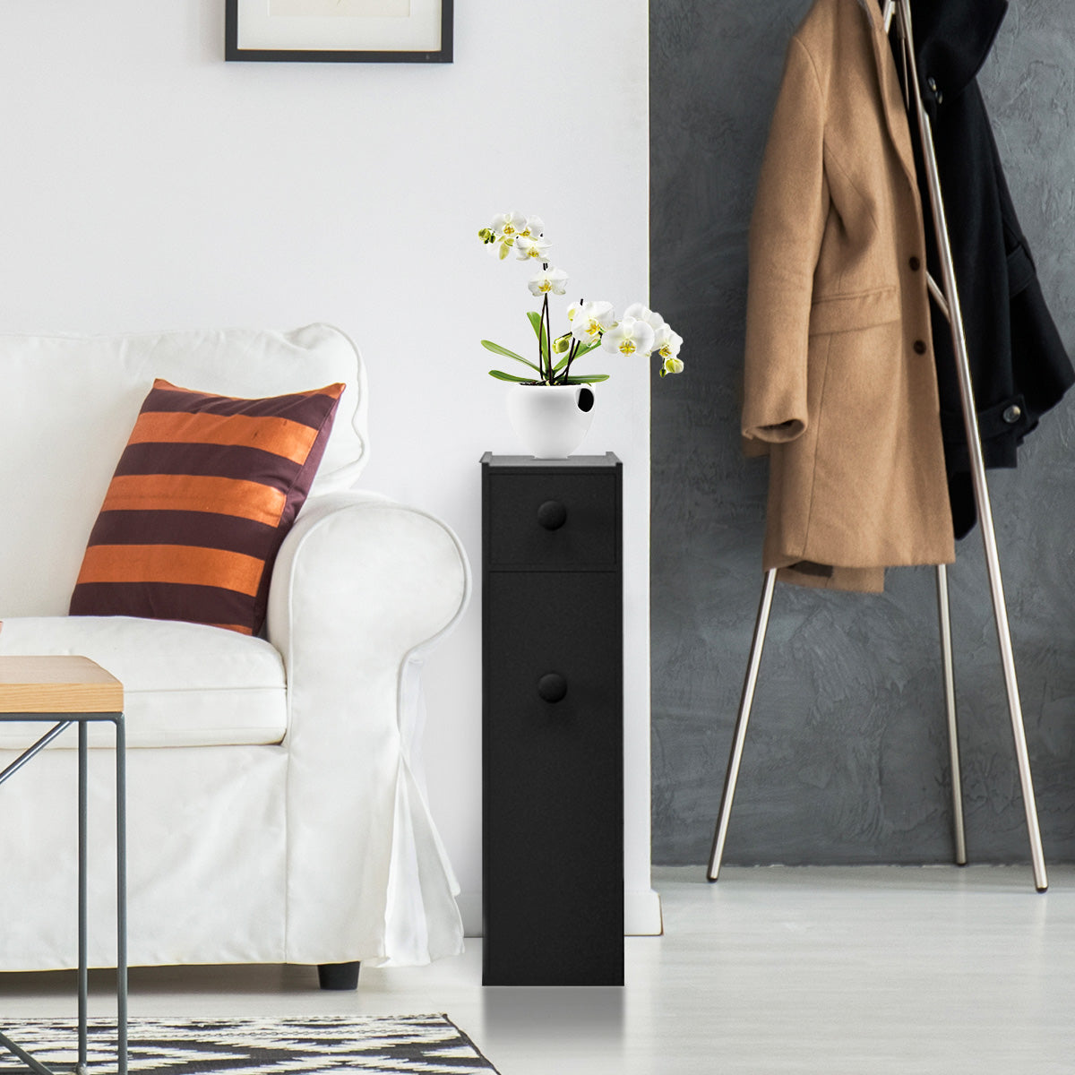 Freestanding  Slim Bathroom Storage Cabinet with Slide-out Drawers for Small/ Narrow Bathroom-Black