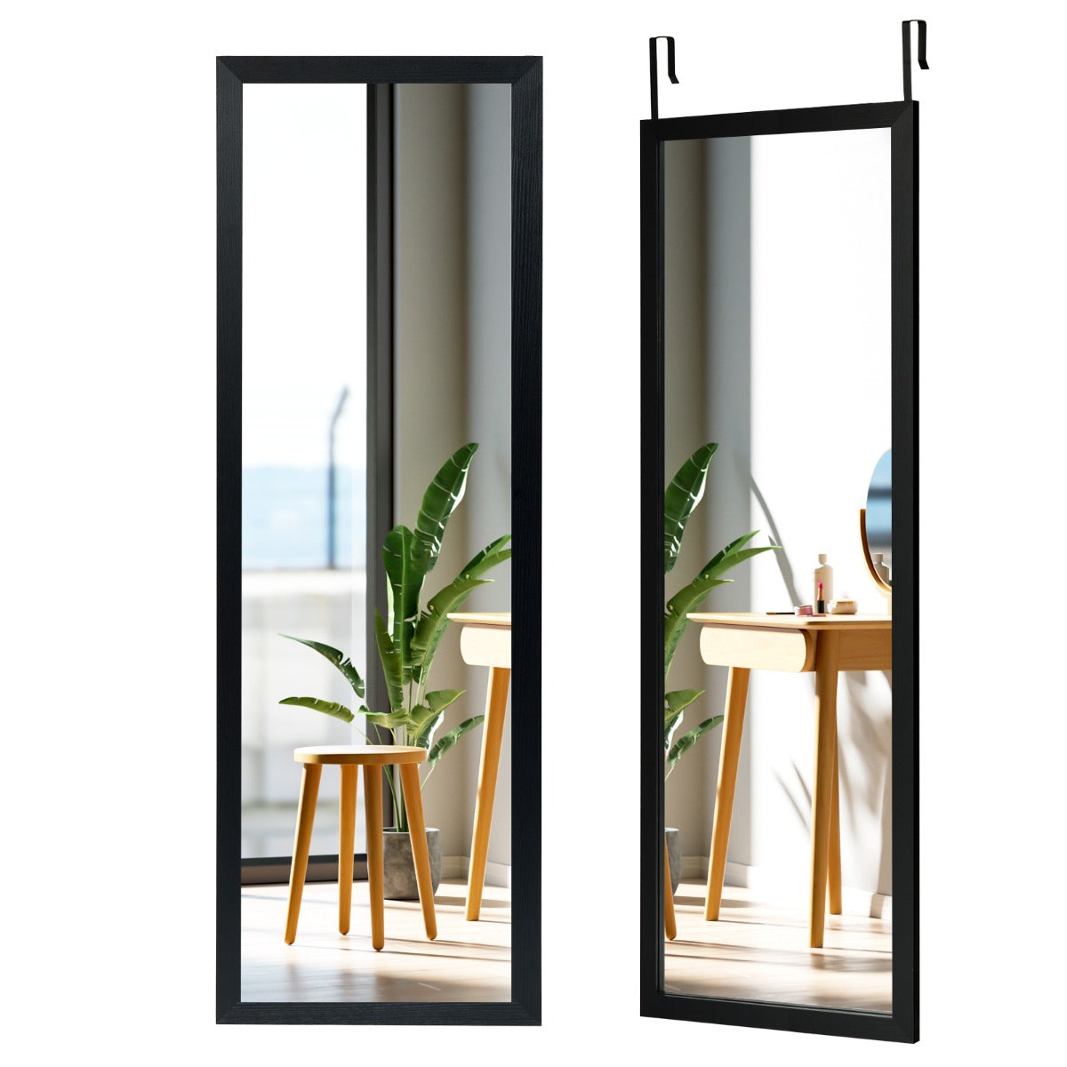Wall Mounted Dressing Mirror with Hanging Hooks for Bedroom Black