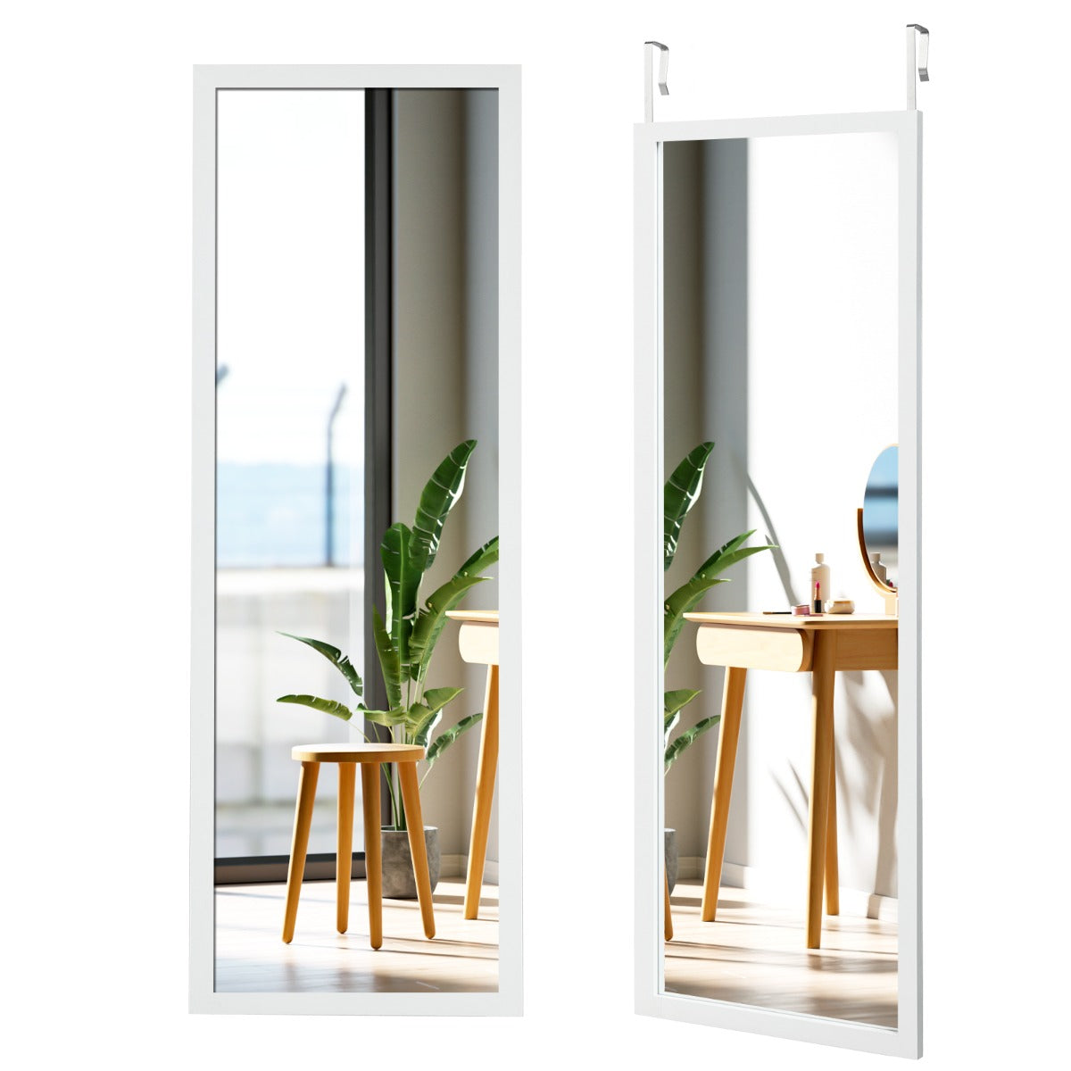 Costway Wall Mounted Dressing Mirror with Hanging Hooks for Bedroom White