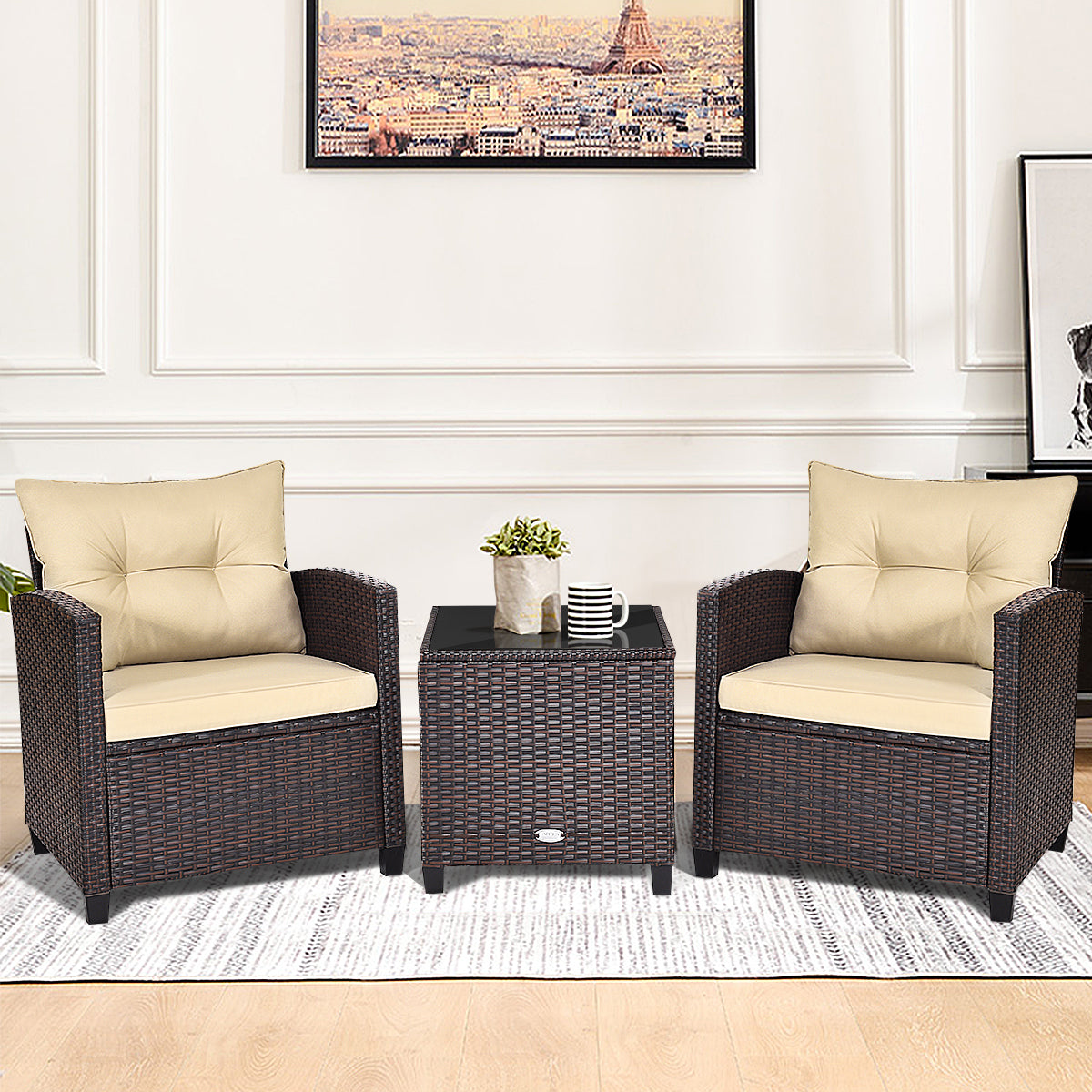 Costway 3 Pieces Wicker Sofa Set with Washable Cushion for Patio