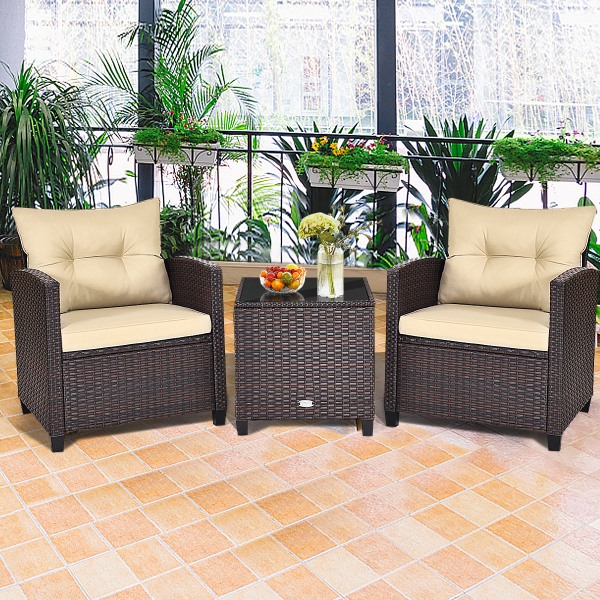 Costway 3 Pieces Wicker Sofa Set with Washable Cushion for Patio
