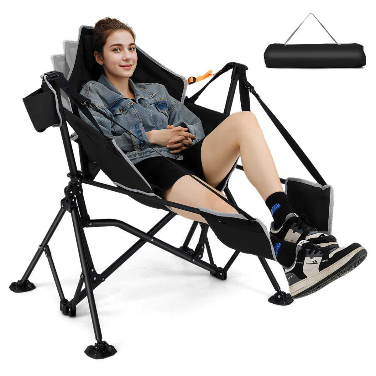 Oversized Hammock Camping Chair with Footrest and Cup Holder-Black