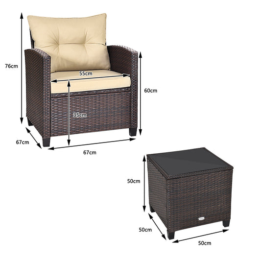 Three-piece outdoor rattan sofa set with two cushioned armchairs, tempered glass coffee table, and weather-resistant steel frame