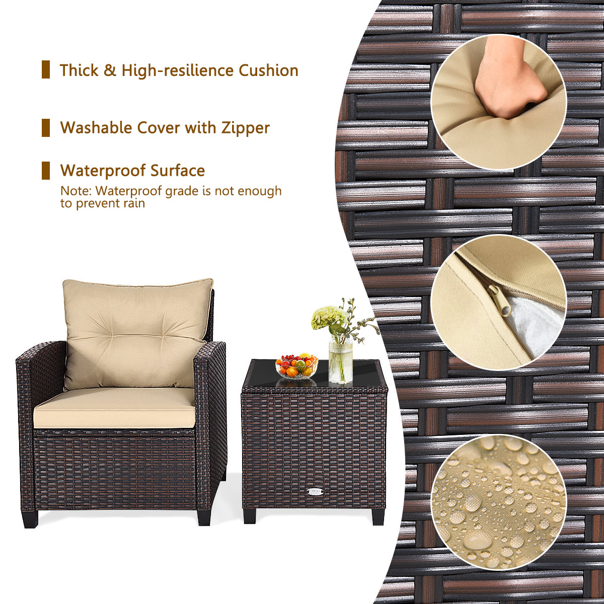 Costway 3 Pieces Wicker Sofa Set with Washable Cushion for Patio