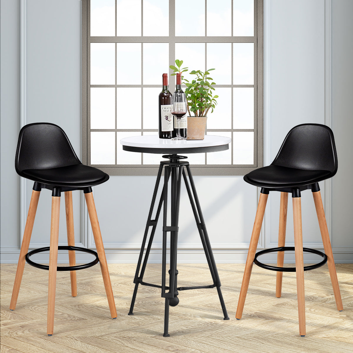 2Pcs PU Leather Bar Stools with Round Metal Footrest-Black