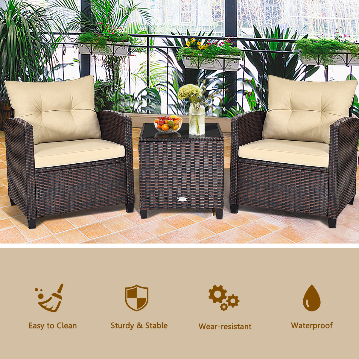 Costway 3 Pieces Wicker Sofa Set with Washable Cushion for Patio
