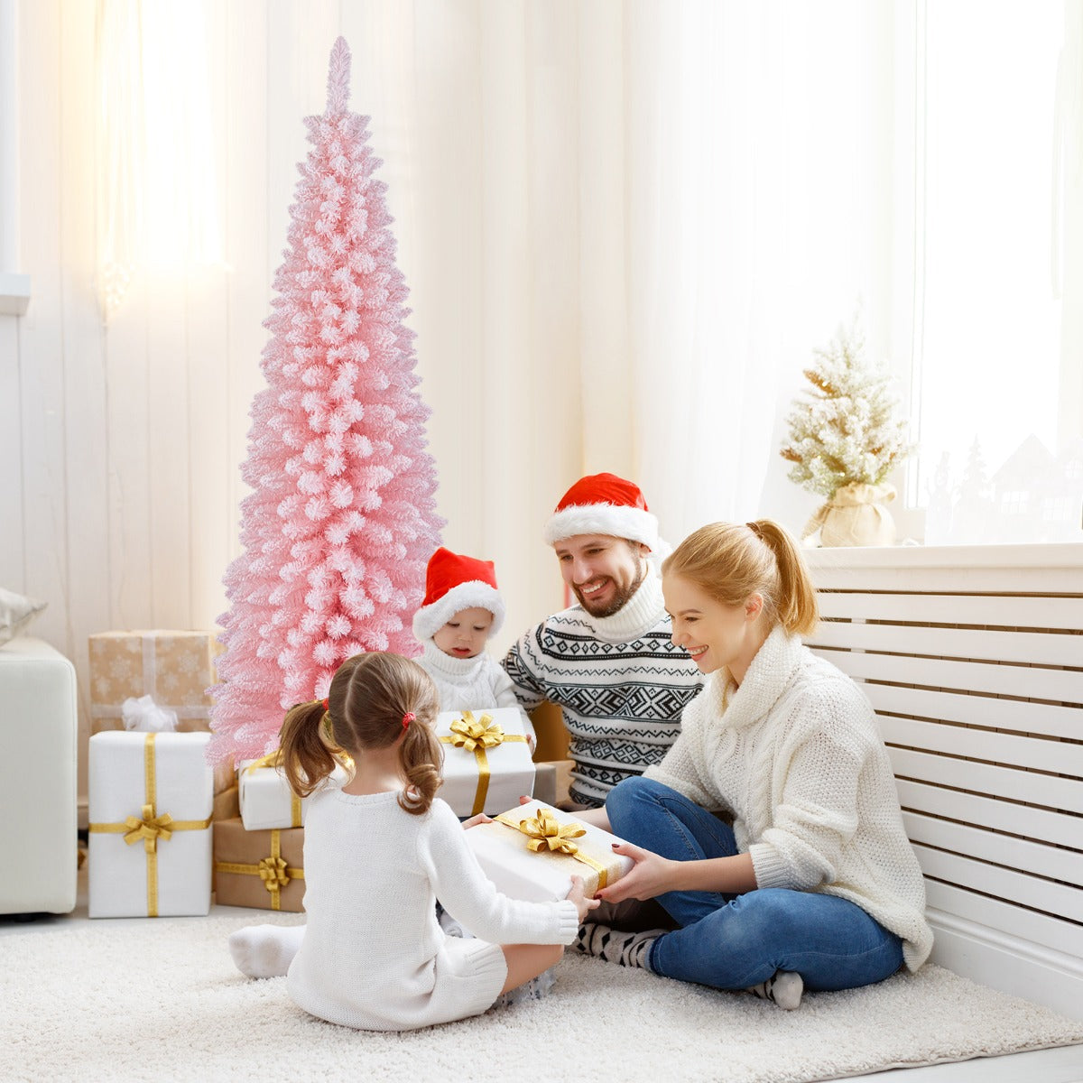 1.5/1.8M Pink Slim Christmas Tree with Thick Snow Flocking and 328/460 Tips