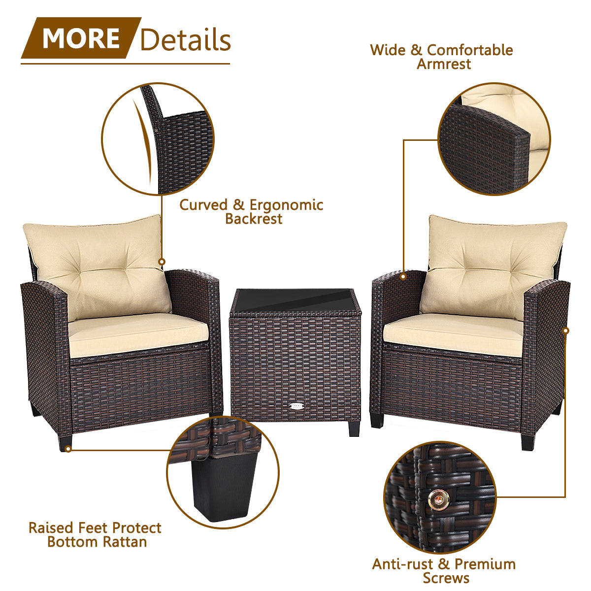Costway 3 Pieces Wicker Sofa Set with Washable Cushion for Patio