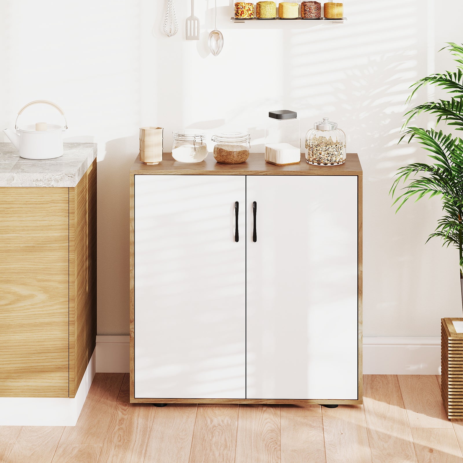2-Door Storage Cabinet with 5-Postition Adjustable Shelf for Entryway-Natural