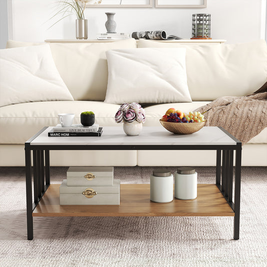 2-Tier Coffee Table Rectangular Center Table with Sintered Stone Tabletop-White