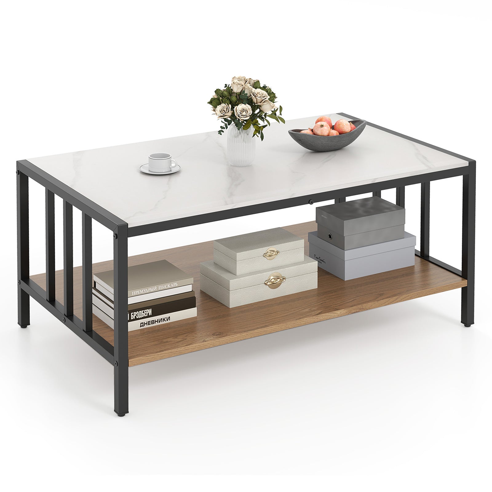 2-Tier Coffee Table Rectangular Center Table with Sintered Stone Tabletop-White