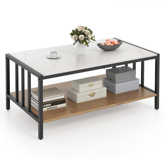 2-Tier Coffee Table Rectangular Center Table with Sintered Stone Tabletop-White
