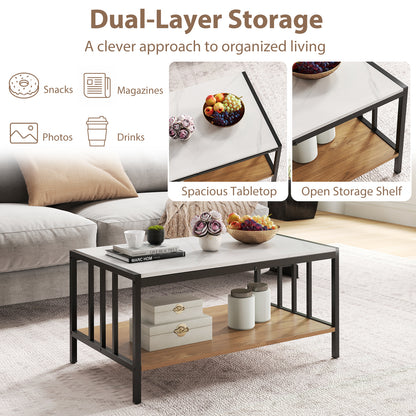2-Tier Coffee Table Rectangular Center Table with Sintered Stone Tabletop-White
