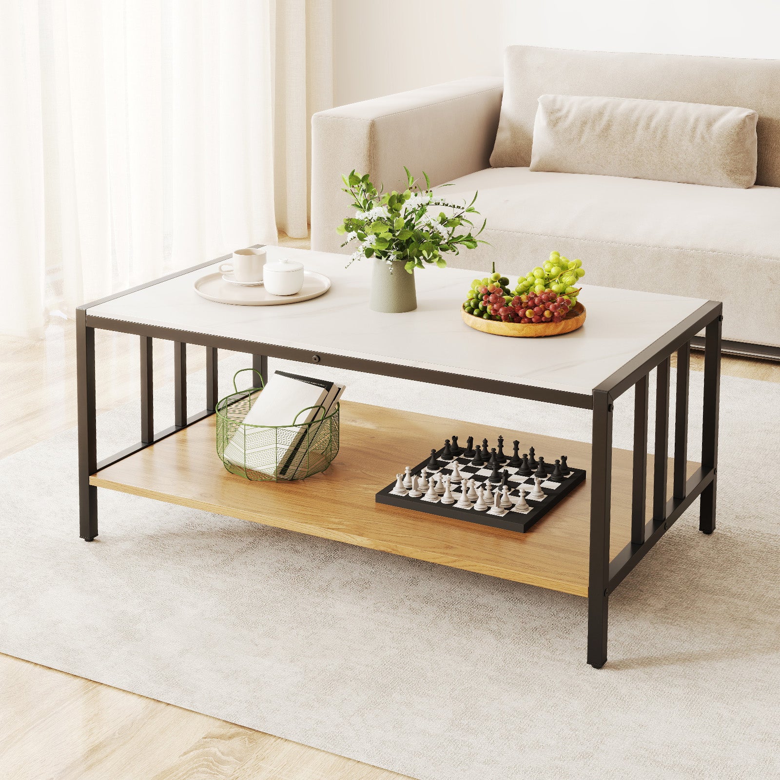 2-Tier Coffee Table Rectangular Center Table with Sintered Stone Tabletop-White