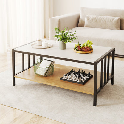 2-Tier Coffee Table Rectangular Center Table with Sintered Stone Tabletop-White