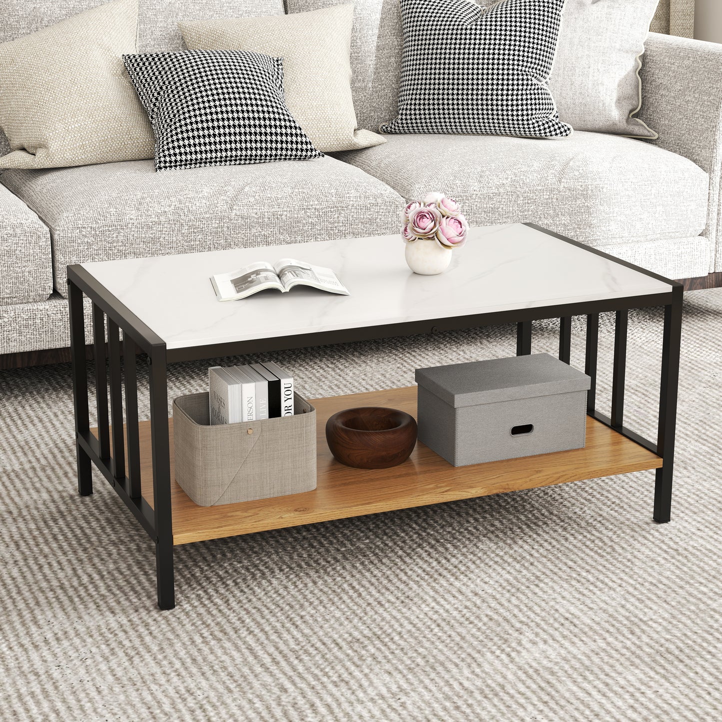 2-Tier Coffee Table Rectangular Center Table with Sintered Stone Tabletop-White