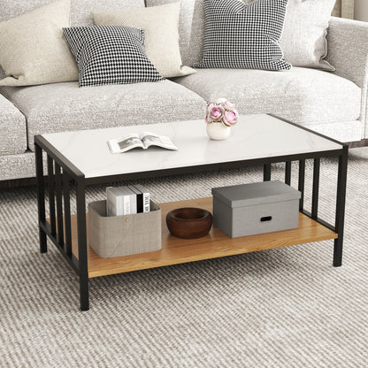 2-Tier Coffee Table Rectangular Center Table with Sintered Stone Tabletop-White