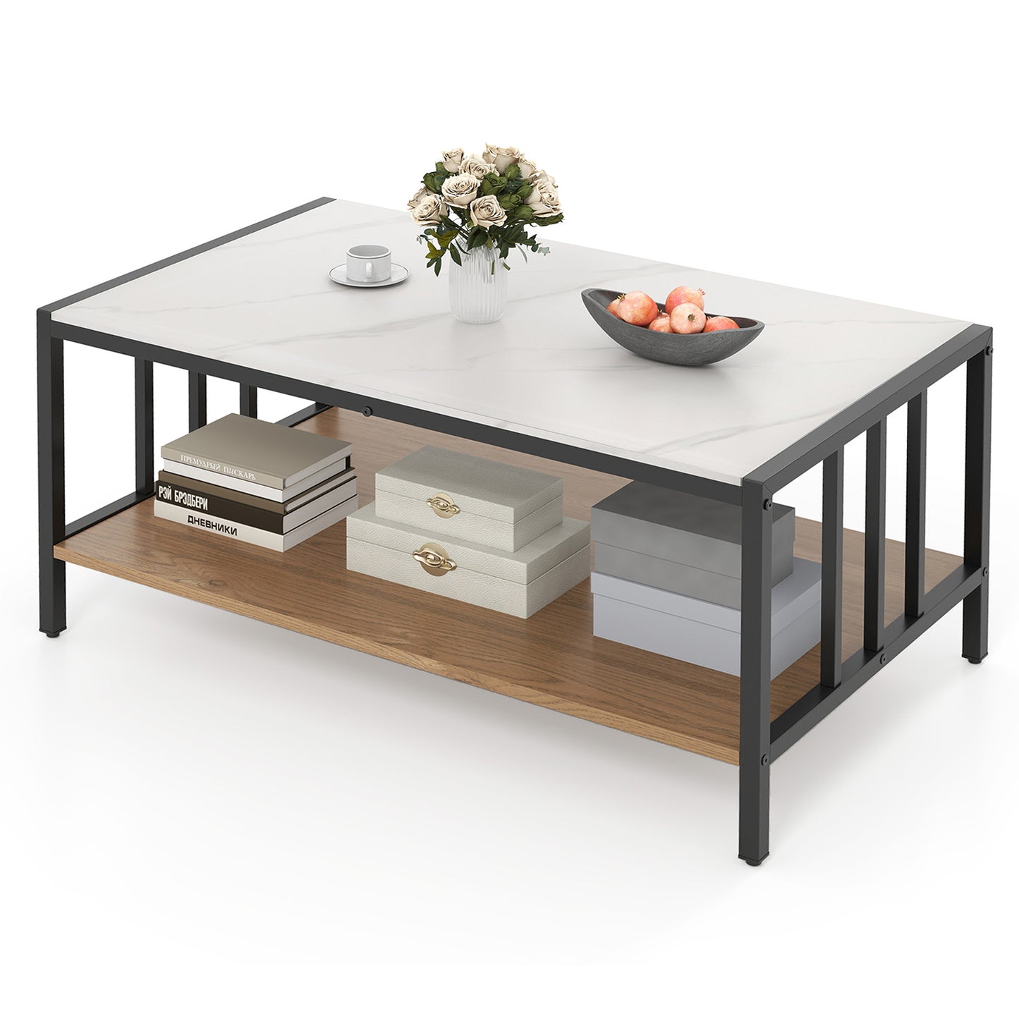 2-Tier Coffee Table Rectangular Center Table with Sintered Stone Tabletop-White