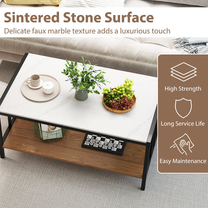 2-Tier Coffee Table Rectangular Center Table with Sintered Stone Tabletop-White