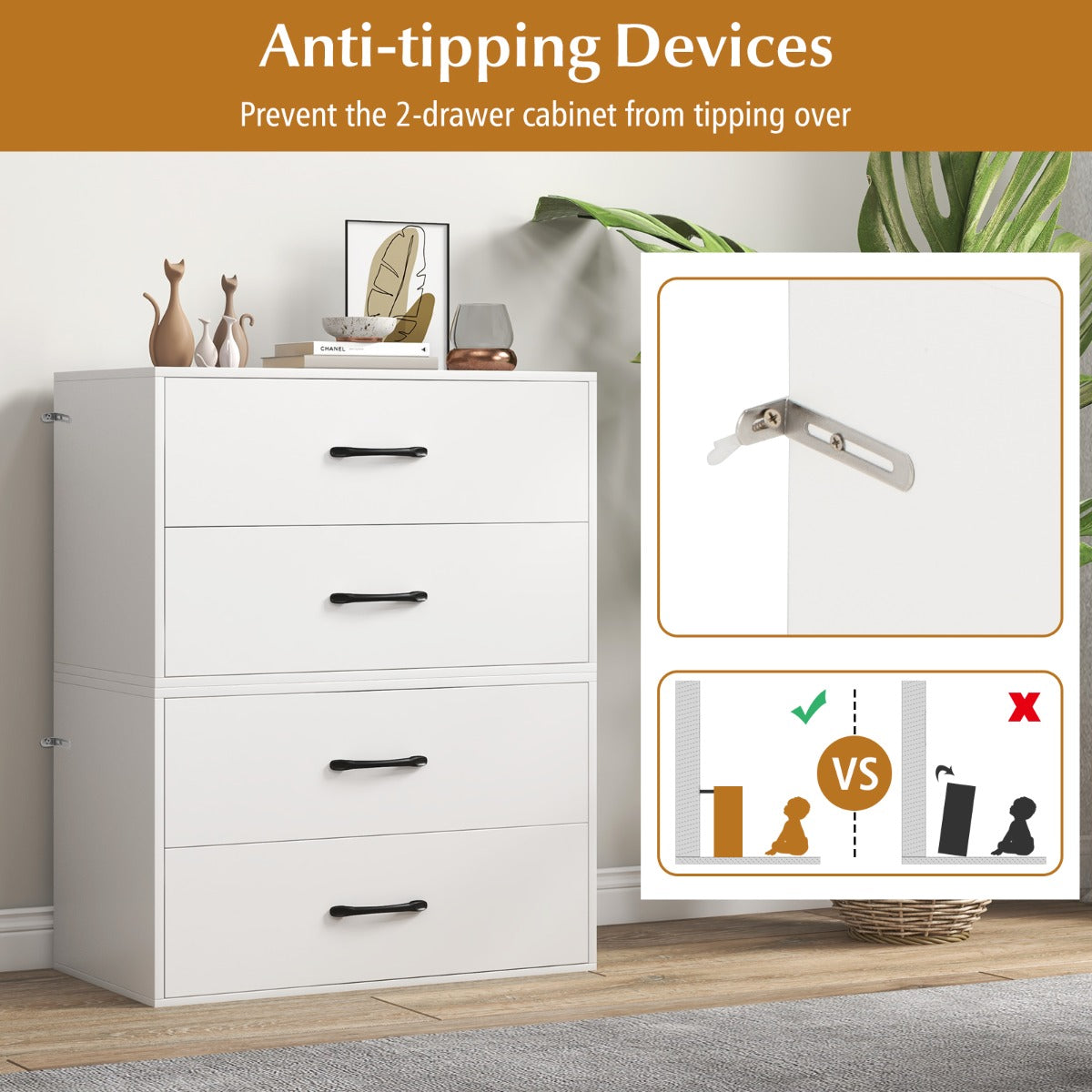 2-Drawer Stackable Storage Organizer with Anti-Topping Kits-White