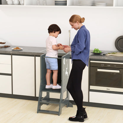 2-in-1 Baby Standing Tower with 3 water-based pens and Adjustable Footstep-Grey