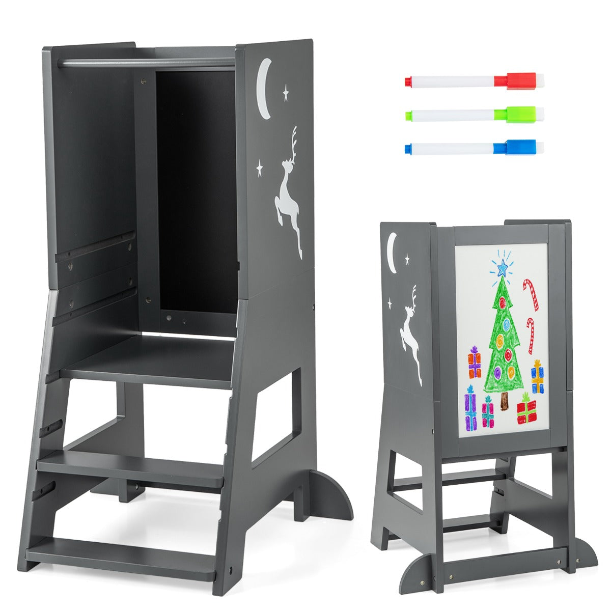 2-in-1 Baby Standing Tower with 3 water-based pens and Adjustable Footstep-Grey