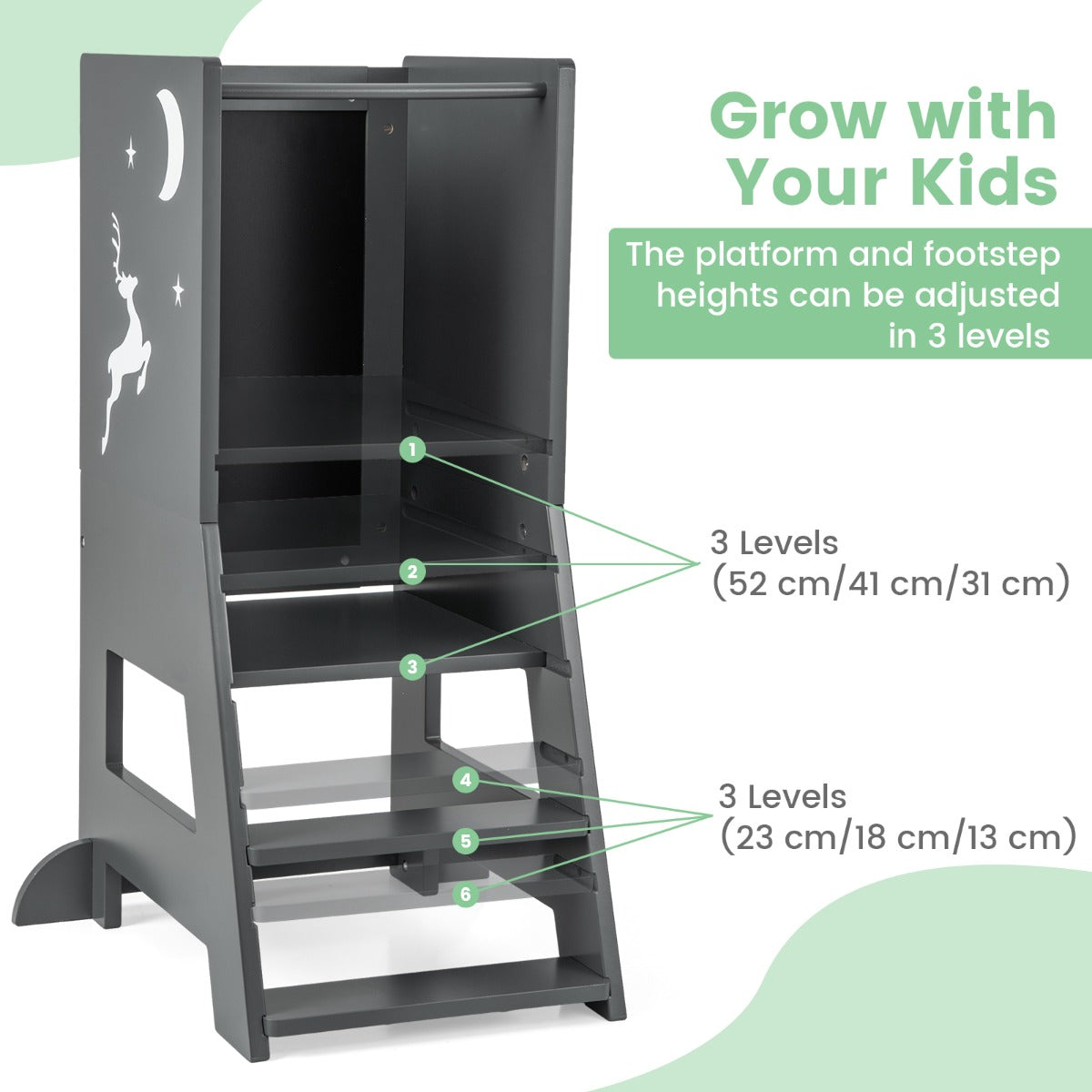 2-in-1 Baby Standing Tower with 3 water-based pens and Adjustable Footstep-Grey