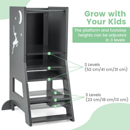 2-in-1 Baby Standing Tower with 3 water-based pens and Adjustable Footstep-Grey