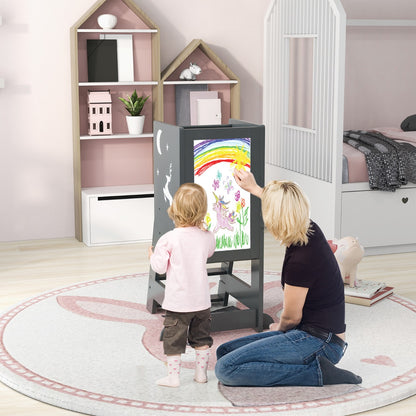 2-in-1 Baby Standing Tower with 3 water-based pens and Adjustable Footstep-Grey