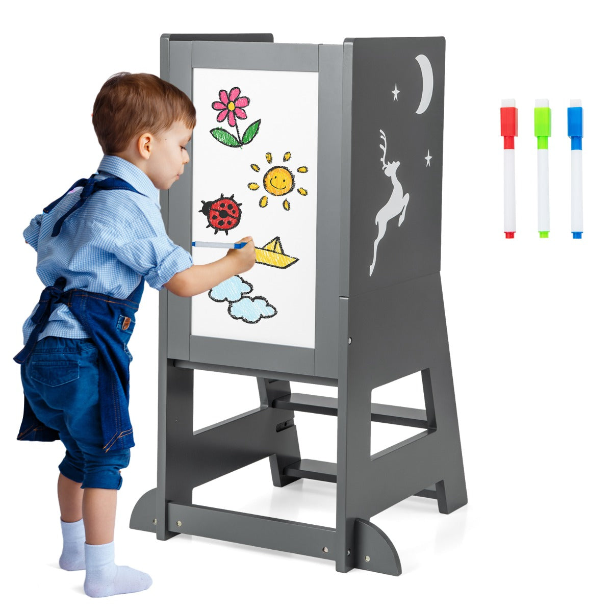 2-in-1 Baby Standing Tower with 3 water-based pens and Adjustable Footstep-Grey