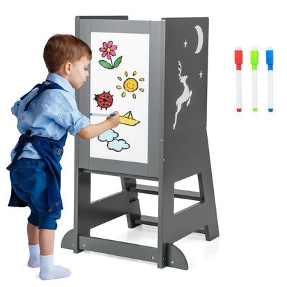2-in-1 Baby Standing Tower with 3 water-based pens and Adjustable Footstep-Grey