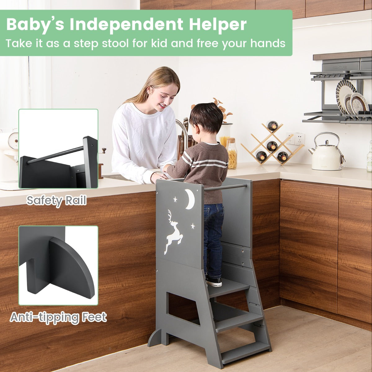 2-in-1 Baby Standing Tower with 3 water-based pens and Adjustable Footstep-Grey