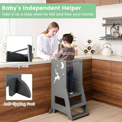 2-in-1 Baby Standing Tower with 3 water-based pens and Adjustable Footstep-Grey
