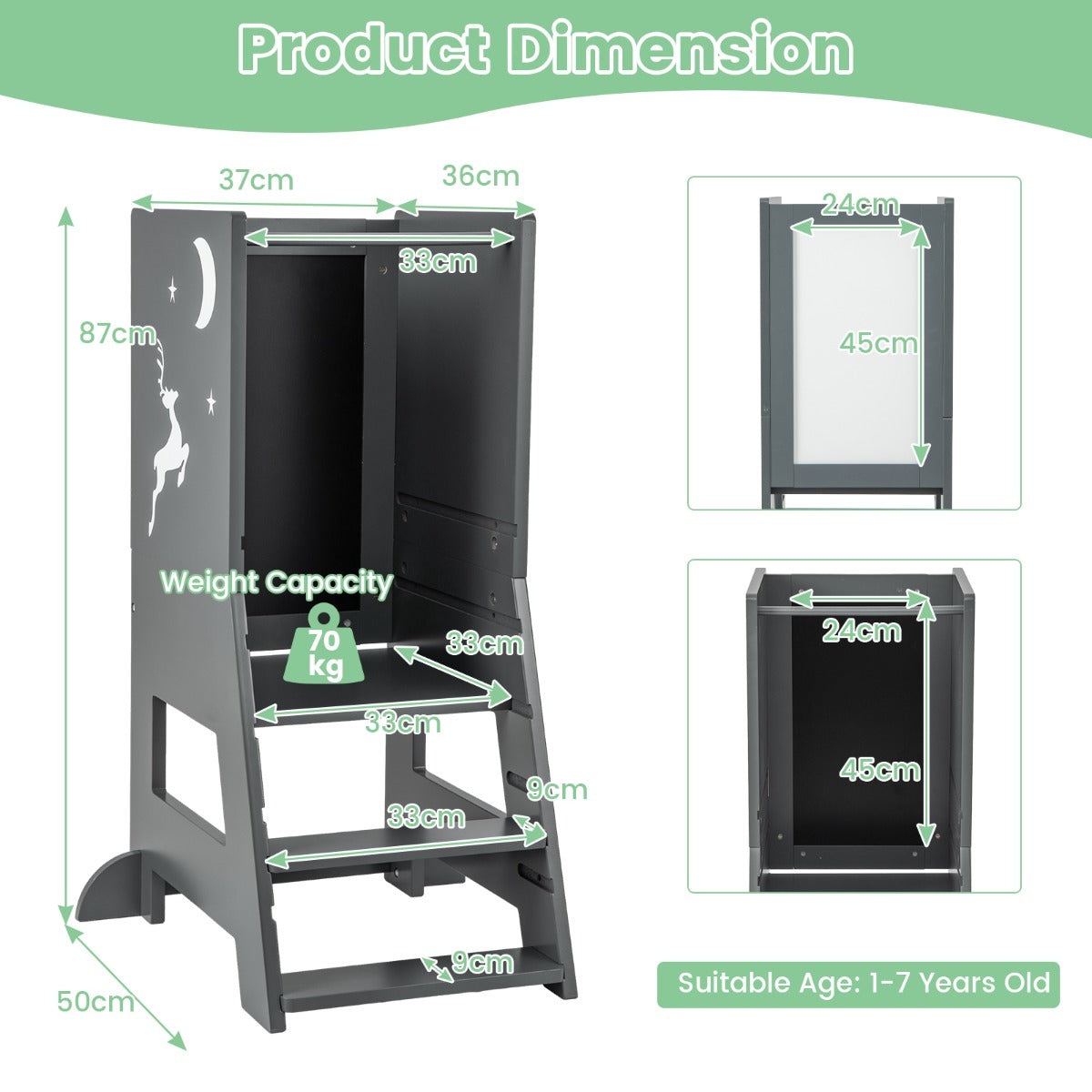 2-in-1 Baby Standing Tower with 3 water-based pens and Adjustable Footstep-Grey