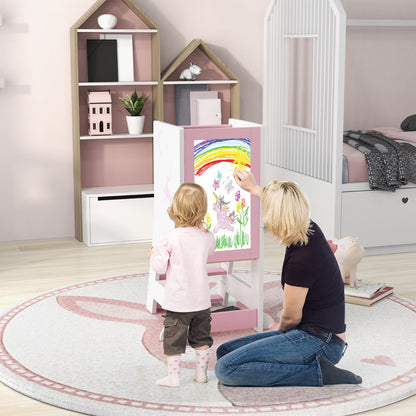 2-in-1 Baby Standing Tower with 3 water-based pens and Adjustable Footstep-Pink