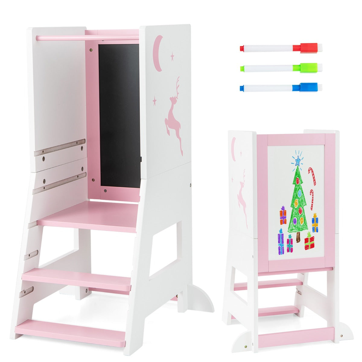 2-in-1 Baby Standing Tower with 3 water-based pens and Adjustable Footstep-Pink