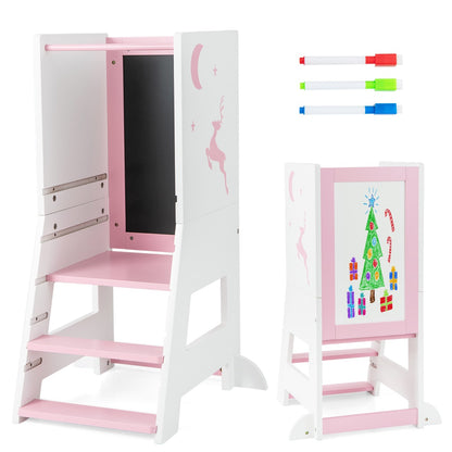2-in-1 Baby Standing Tower with 3 water-based pens and Adjustable Footstep-Pink
