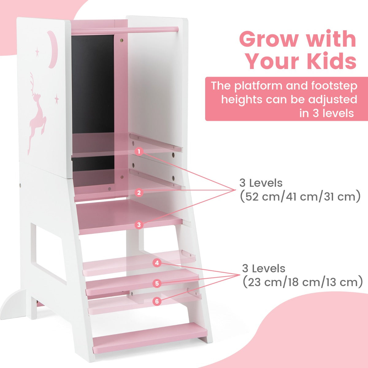2-in-1 Baby Standing Tower with 3 water-based pens and Adjustable Footstep-Pink
