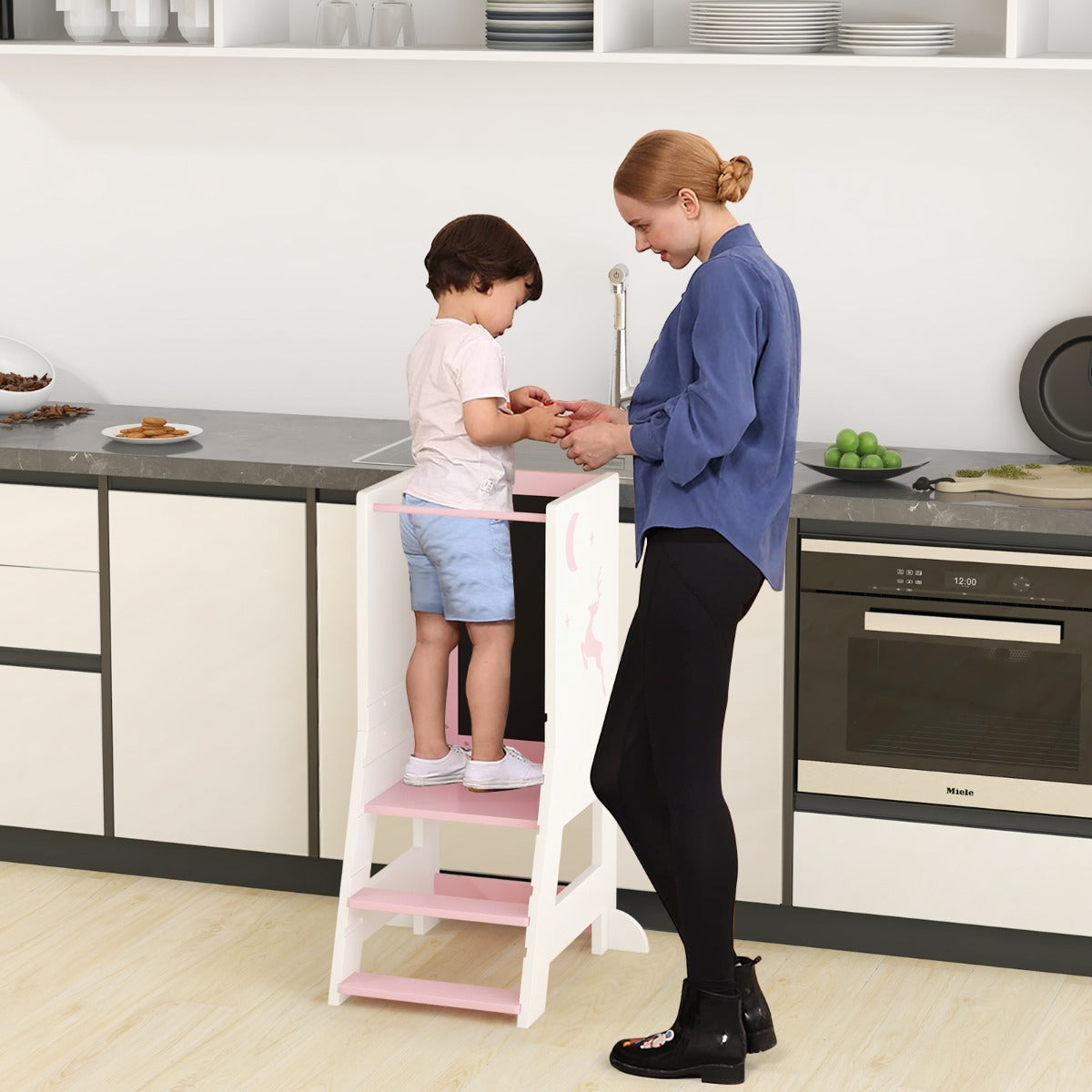 2-in-1 Baby Standing Tower with 3 water-based pens and Adjustable Footstep-Pink
