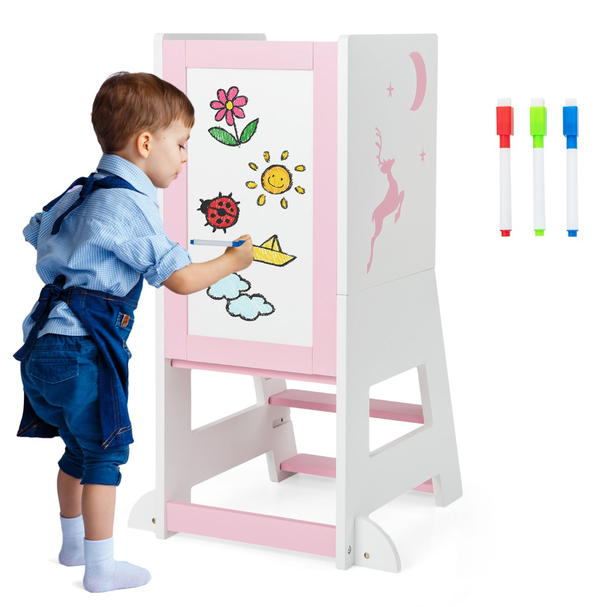 2-in-1 Baby Standing Tower with 3 water-based pens and Adjustable Footstep-Pink