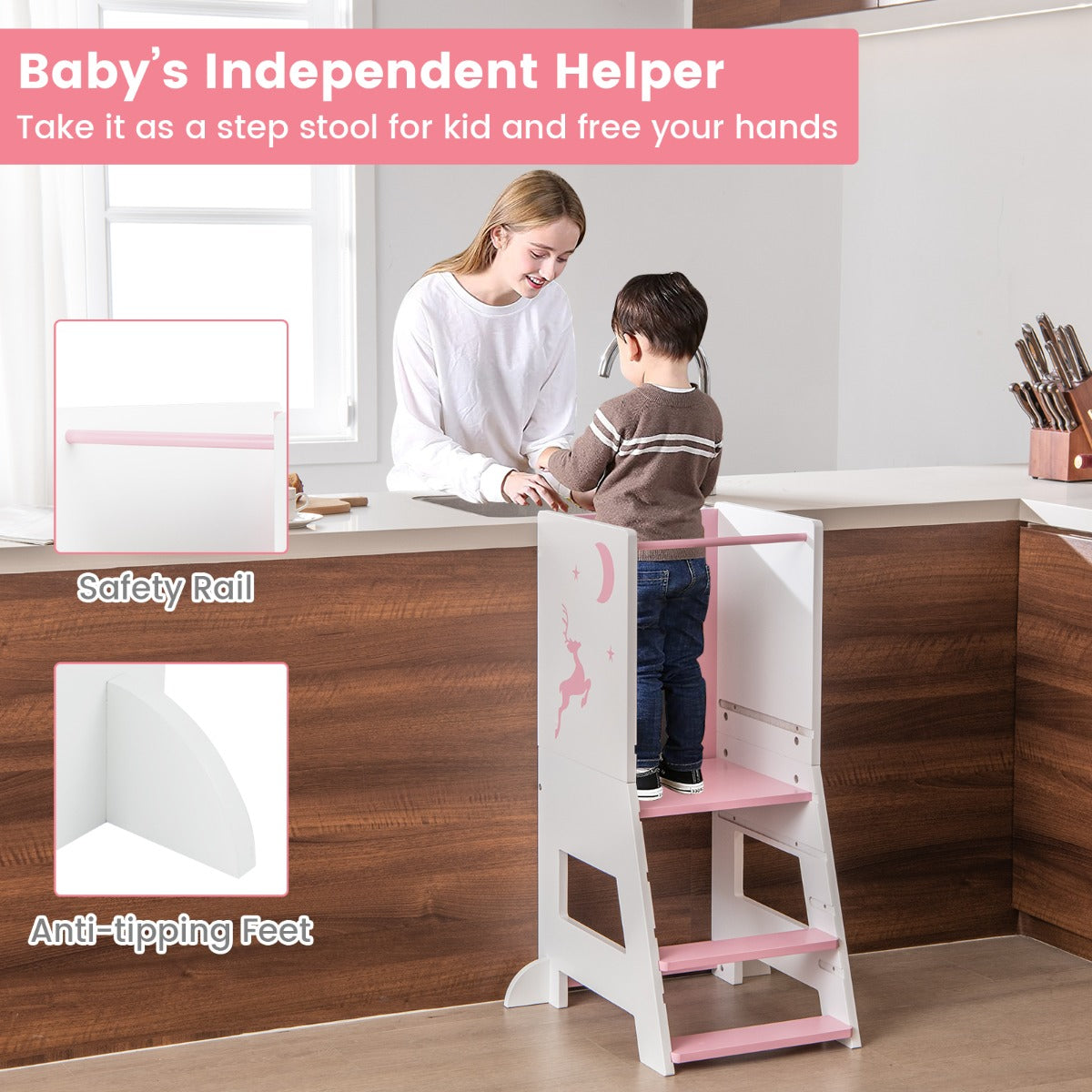 2-in-1 Baby Standing Tower with 3 water-based pens and Adjustable Footstep-Pink
