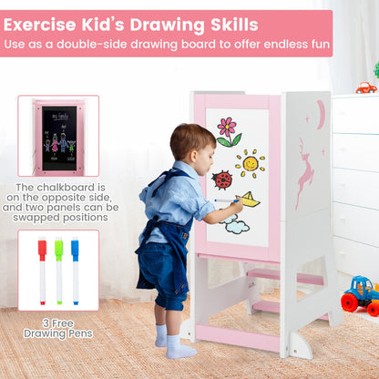 2-in-1 Baby Standing Tower with 3 water-based pens and Adjustable Footstep-Pink