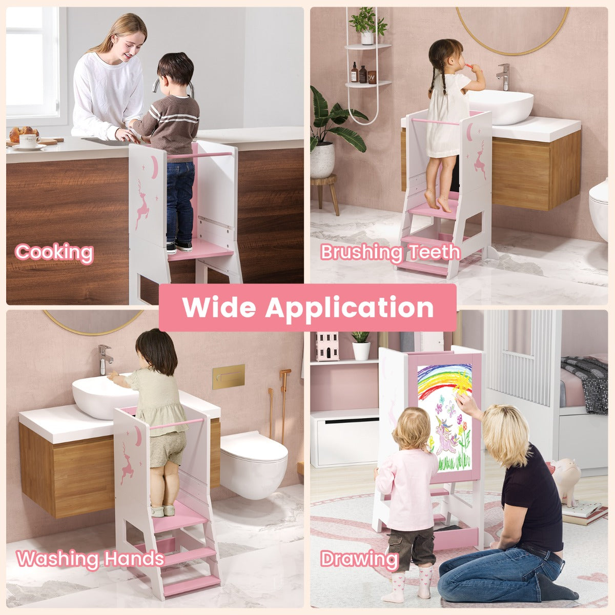 2-in-1 Baby Standing Tower with 3 water-based pens and Adjustable Footstep-Pink