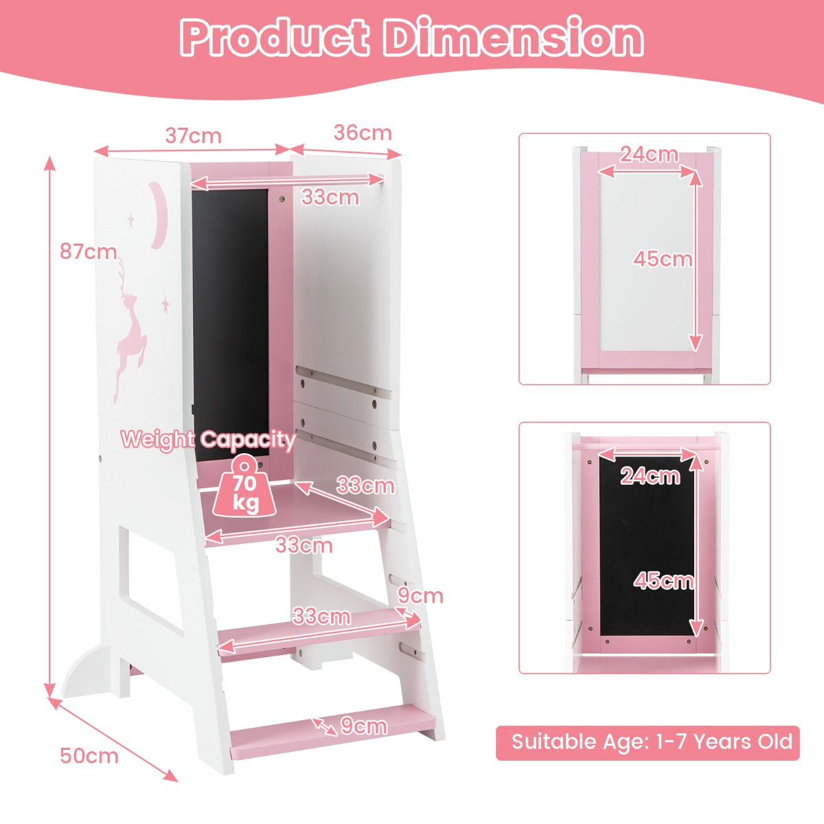 2-in-1 Baby Standing Tower with 3 water-based pens and Adjustable Footstep-Pink