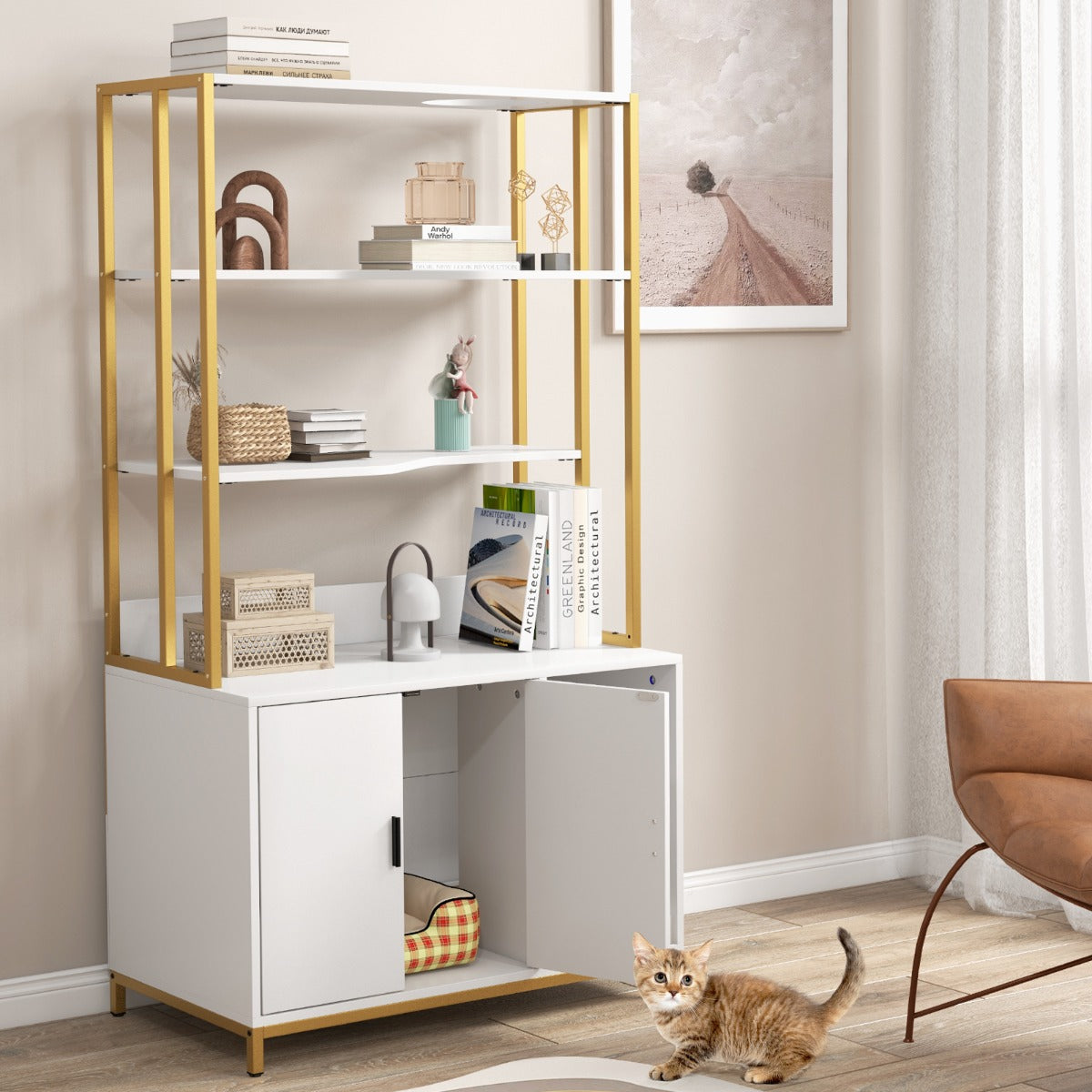 154 cm Large 2-in-1 Cat Litter Box Enclosure with Storage-White