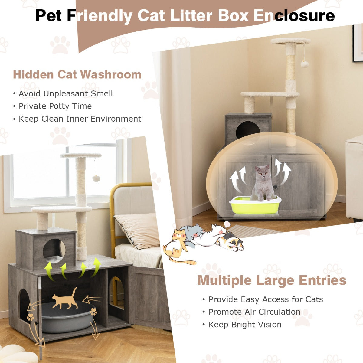 Wall-mounted anti-tipping fitting and adjustable feet help keep the cat tower stable