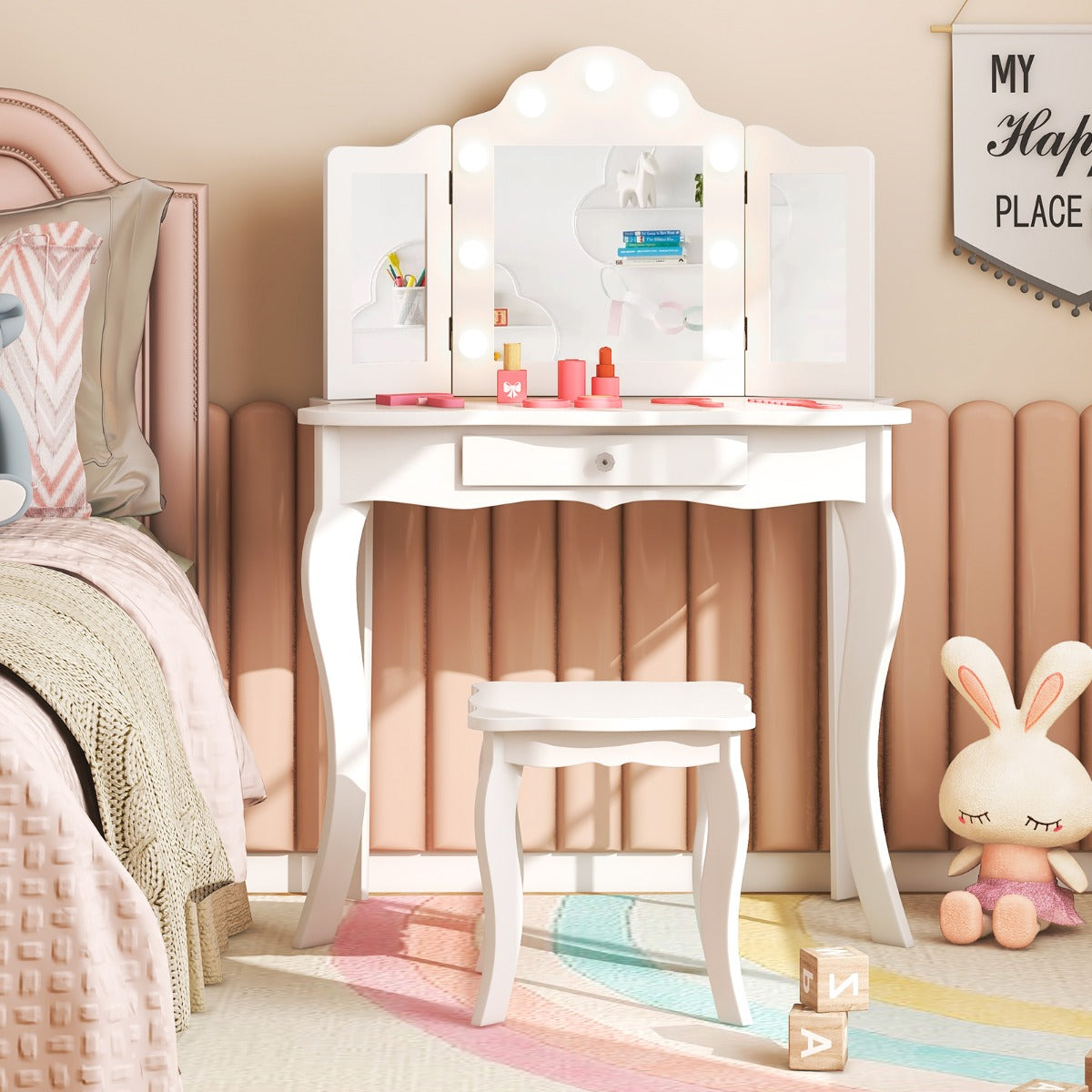 Costway 2-in-1 Kids Vanity Table and Stool Set with Tri-Folding Mirror-White