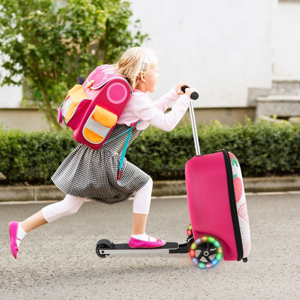 2-IN-1 Skateboard Luggage with 3 Color Lighted Wheels for Kids-Pink &amp; White