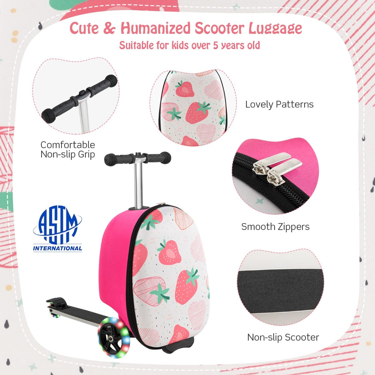 2-IN-1 Skateboard Luggage with 3 Color Lighted Wheels for Kids-Pink &amp; White